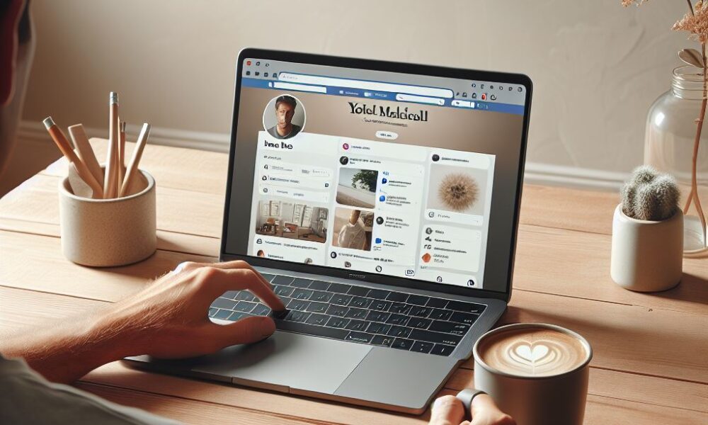 A laptop sitting on a light brown wooden table that is minimally decorated. On the laptop screen that is visible is a generic looking social media site with various posts and pictures. There is a person holding a cup of coffee that is looking at the screen.