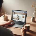 A laptop sitting on a light brown wooden table that is minimally decorated. On the laptop screen that is visible is a generic looking social media site with various posts and pictures. There is a person holding a cup of coffee that is looking at the screen.