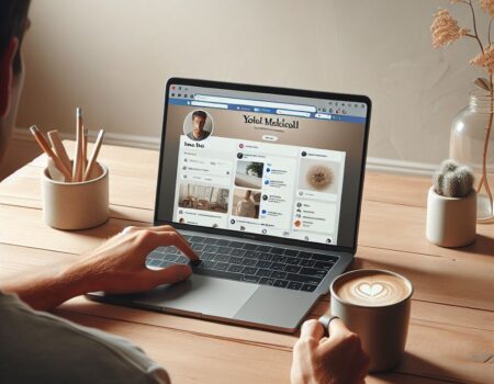 A laptop sitting on a light brown wooden table that is minimally decorated. On the laptop screen that is visible is a generic looking social media site with various posts and pictures. There is a person holding a cup of coffee that is looking at the screen.